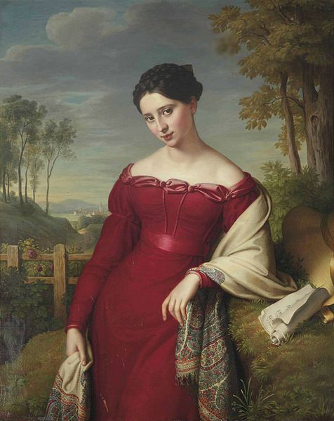 Portrait of a young lady in a red dress with a paisley shawl